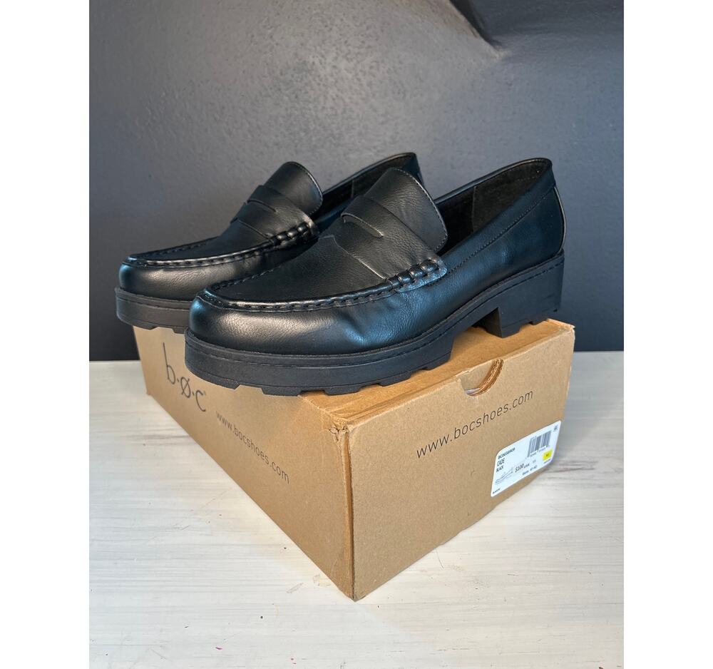BOC by Born Cade Moc Toe Loafer Black Faux Leather Size 11 M Block Heel